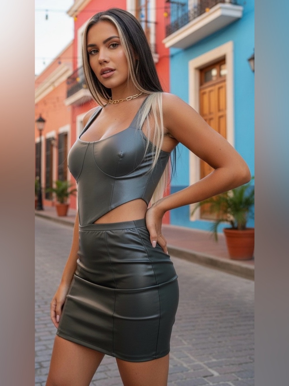 NWT PLT Olive Green Faux Leather Crop Corset & Mini Skirt Set Sz 8